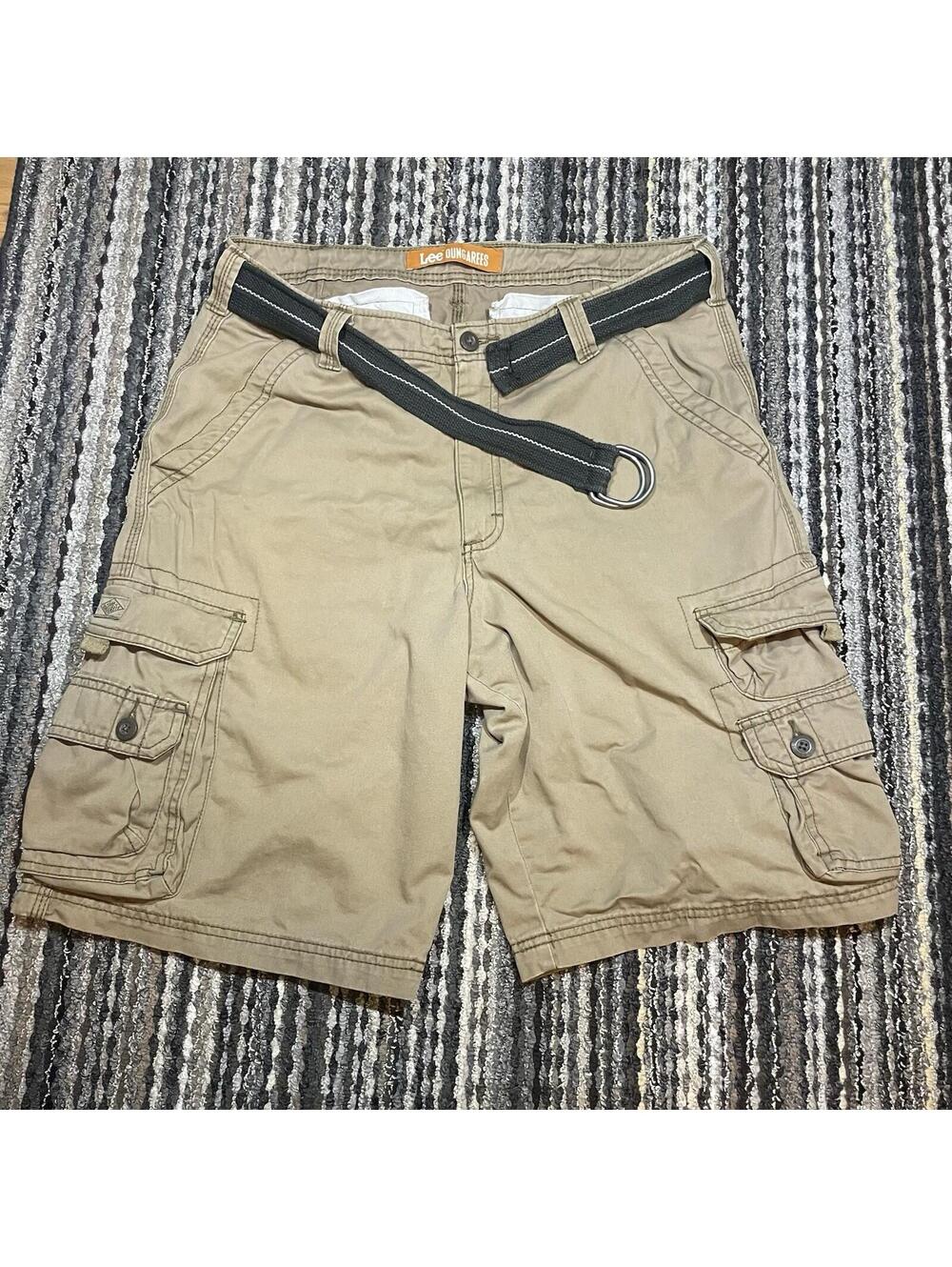 Lee Dungarees Men’s Cargo Shorts Size 36 Khaki Cotton Utility Belted Tan Beige